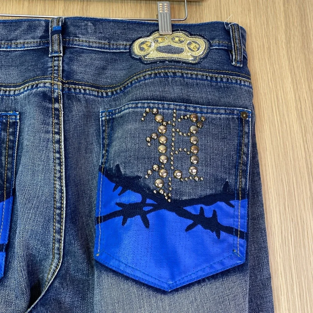 Pepe Jeans‎ Mens 36 Straight Leg Blue Paint Splatter Barbed Wire Graphic Denim